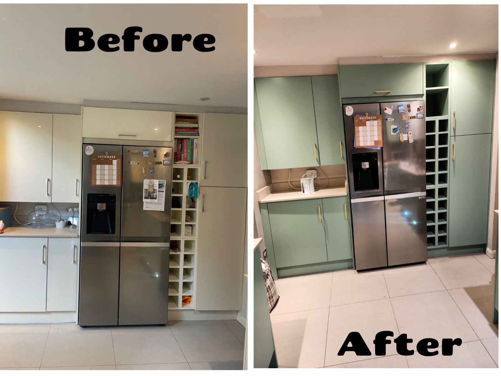 Resprayed from white to mild green colour kitchen